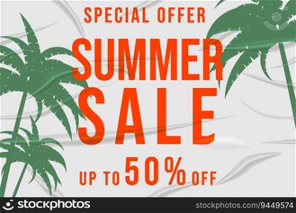 Summer Sale glued paper with wrinkles effect realistic banner tropical palm background sticker. Template modern summer sale banner. Vector illustration. Summer Sale glued paper with wrinkles effect realistic banner tropical palms