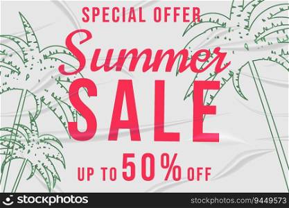 Summer Sale glued paper with wrinkles effect realistic banner tropical palm lineart background sticker. Template modern summer sale banner. Vector illustration. Summer Sale glued paper with wrinkles effect realistic banner tropical palms