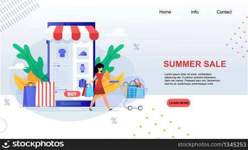 Summer Sale Happy Cartoon Woman with Shopping Cart Buy Clothes Vector Illustration. Online Shop Internet Store Clearance. Mobile Phone Application. Special Offer Deal Discount Retail. Summer Sale Happy Cartoon Woman with Shopping Cart
