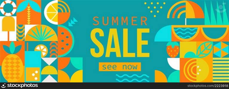Summer sale,horizontal geometric banner with hot season symbols in geometry style.Posters,flyers design for covers,web,invitation for shopping.Template offer of big discounts deals.Vector illustration. Summer sale horizontal geometric banner.