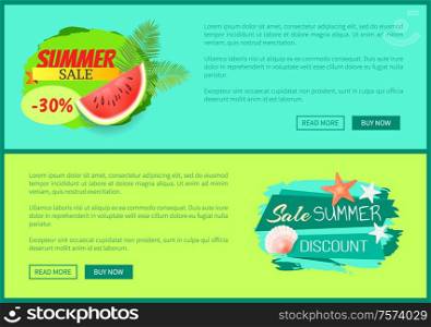 Summer sale label with palm trees and watermelon, summertime discount icon with starfish and seashell vector web pages with text, promo advertising sites. Summer Sale Label with Palm Trees and Watermelon