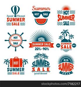 Summer sale labels. Design template of badges isolate on white. Price shop sticker, offer insignia. Vector illustration. Summer sale labels. Design template of badges isolate on white