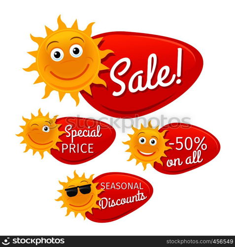 Summer sale labels promotional advertising with smiling sun. Vector illustration. Summer sale labels with smiling sun