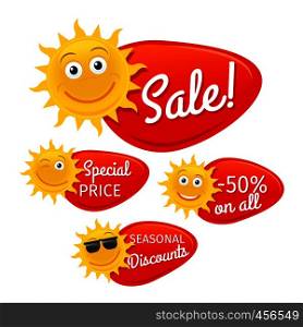 Summer sale labels promotional advertising with smiling sun. Vector illustration. Summer sale labels with smiling sun