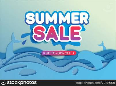 Summer sale landscape of the sea with dolphins at sunset in paper cut background. Nature summer concept. Abstract realistic paper decoration for design textured with cardboard wavy colorful layers. The art of carving. Vector illustration Cover layout design template.. Summer sale landscape of the sea with dolphins at sunset in paper cut background.