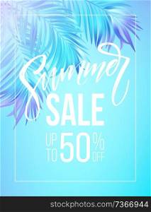 Summer sale lettering design in a colorful blue and purple palm tree leaves background. Vector illustration EPS10. Summer sale lettering design in a colorful blue and purple palm tree leaves background. Vector illustration