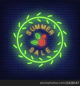 Summer sale neon sign. Glowing text in round frame, green wreath and red flower. Night bright billboard. Vector illustration in neon style for retail banners and signboards