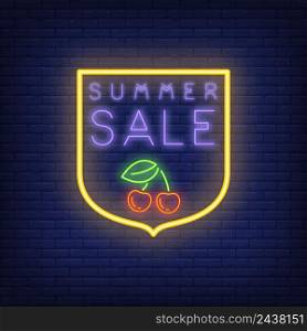 Summer Sale neon sign on brick wall background. Vector illustration with violet text and cherry in shield shaped yellow frame. Template for night bright banners, billboards, signboards