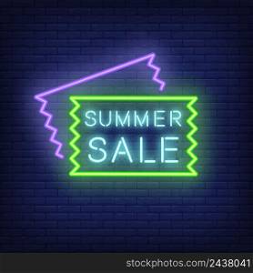 Summer Sale neon signboard design. Vector illustration with glowing blue text in frame and sale flyer shapes. Template for night bright banners, billboards, signs