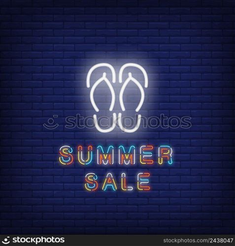 Summer sale neon text with flip-flops. Seasonal offer or sale advertisement design. Night bright neon sign, colorful billboard, light banner. Vector illustration in neon style.