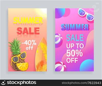 Summer sale off price posters set with proposals. Pineapple and fruit slice with sunglasses,, . Accessory and surfing board with palm tree print vector. Summer Sale Off Price Poster Vector Illustration