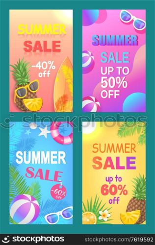 Summer sale off price posters vector. Sell out and discounts, proposition from shops and markets. Seasonal reduction on accessories and rubber balls. Summertime banners. Summer Sale Off Price Poster Vector Illustration