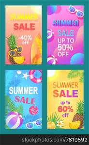 Summer sale off price posters vector. Sell out and discounts, proposition from shops and markets. Seasonal reduction on accessories and rubber balls. Summertime banners. Summer Sale Off Price Poster Vector Illustration