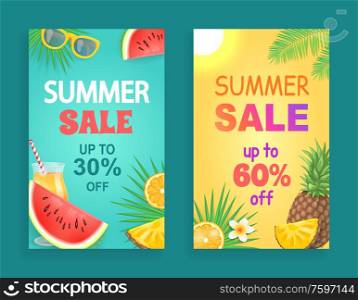 Summer sale offers posters set vector. Proposals and clearance, pineapple fruit slice and alcoholic cocktail with watermelon. Palm tree leaves foliage. Summer Sale Offers Posters Set Vector Illustration