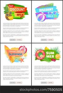 Summer sale offers set of poster with text sample. Lifebuoy with flowers and tropical leaves. Surfboard and game ball, exotic fruits pineapples and oranges. Summer Sale Offers Set Poster Vector Illustration