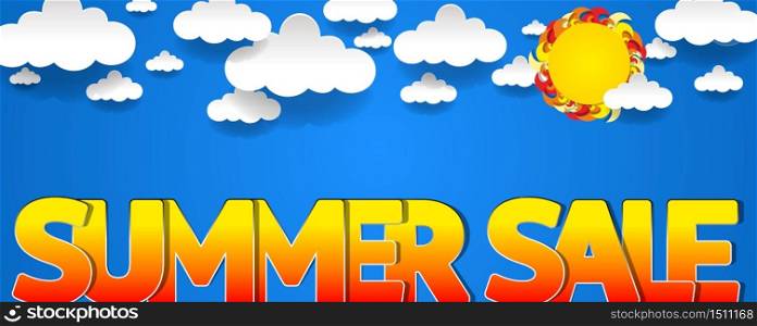 Summer sale on blue background with sun and clouds for banner, poster, flyer, card, postcard, cover, brochure