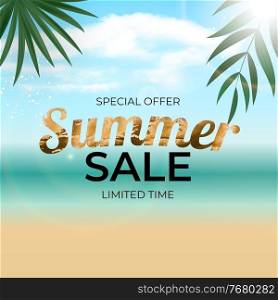 Summer Sale Poster Background with Paln Leaves and Sea. Vector Illustration EPS10. Summer Sale Poster Background with Paln Leaves and Sea. Vector Illustration