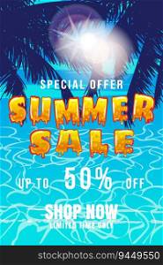Summer Sale poster template. Palms, ripples on the water, sun, sky, tropical ocean summer scene. Background for promotional, vector illustration, offer flyer. Summer Sale poster template. Palms, sun, sky, tropical ocean summer scene