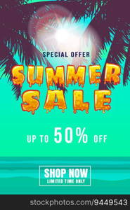 Summer Sale poster template. Palms, sun, sky, tropical ocean summer scene. Background for promotional, vector illustration, offer flyer. Summer Sale poster template. Palms, sun, sky, tropical ocean summer scene