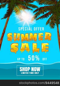 Summer Sale poster template. Palms, sun, sky, tropical ocean summer scene. Background for promotional, vector illustration, offer flyer. Summer Sale poster template. Palms, sun, sky, tropical ocean summer scene