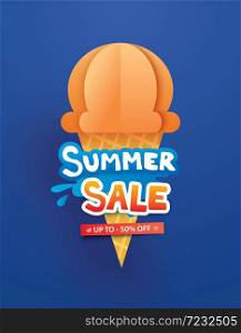 Summer sale poster with ice cream cone on blue background. Paper art and craft style.