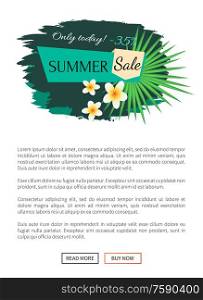 Summer sale poster with tropical vanilla flowers and palm tree leaves. Advertisement leaflet, text sample, vector web page design, summertime discounts. Summer Sale Poster with Tropical Vanilla Flowers