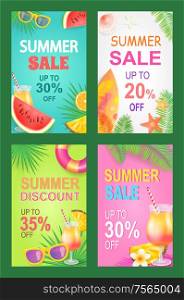 Summer sale posters set offer vector. Proposition and good deal bargain of shop. Sunglasses and cocktail with straw, watermelon juicy fruit with seeds. Summer Sale Posters Set Offer Vector Illustration