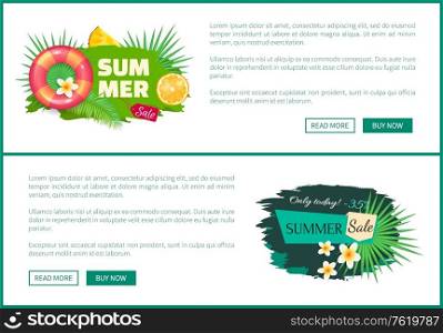 Summer sale posters set with text sample. Summertime seasonal discounts, promotions and propositions. Lifebuoy and flowers, plants in blossom vector. Summer Sale Posters Set Text Vector Illustration