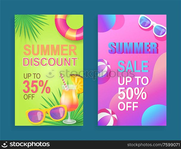 Summer sale propositions set of posters vector. Sell out and reductions of cost, cocktail with pineapple slice and straw. Lifebuoy and ball for games. Summer Sale Propositions Set Vector Illustration
