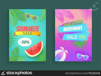 Summer sale reduction of price set of banners with palm tree and exotic plants leaves. Watermelon fruit with seeds and sunglasses with ball vector. Summer Sale Reduction Set Vector Illustration