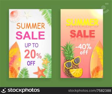 Summer sale reduction off price set of promotional posters vector. Surfboard and starfish, palm tree leaves and pineapple with sunglasses,, accessory. Summer Sale Reduction Set Vector Illustration