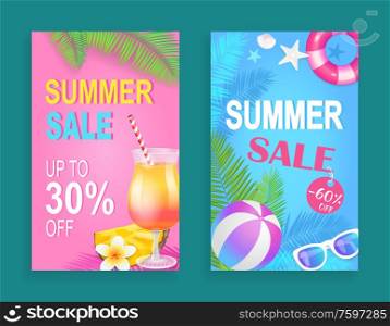 Summer sale reduction posters set vector. Cocktail with straw, rubber and lifebuoy, sunglasses,, and conch. Palm tree foliage promotion and sell out. Summer Sale Reduction Set Vector Illustration