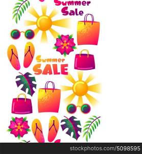 Summer sale seamless pattern with colorful elements. Sun, palm leaves and shopping bags. Summer sale seamless pattern with colorful elements. Sun, palm leaves and shopping bags.