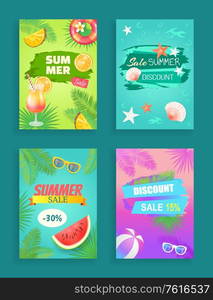 Summer sale, season discount shaped ribbon and spot, vector banner. Beach party theme, inflatable ring, seashore and cocktail, fruit and palm leaves. Summer Sale Vector Banner Promotion Leaflet Sample