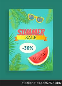 Summer sale season promotion shaped ribbon, vector leaflet sample. Watermelon piece with seeds, sun glasses and palm leaves, isolated wallpaper print. Summer Sale Vector Banner Promotion Leaflet Sample