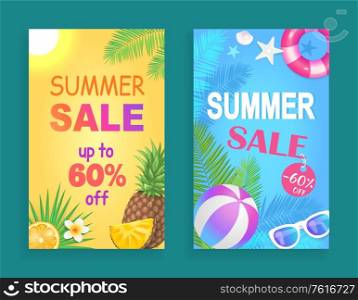 Summer sale seasonal offer, posters set with text and accessories. Inflatable ball and lifebuoy, pineapple and orange slice fruit, palm leaves vector. Summer Sale Seasonal Offer Vector Illustration