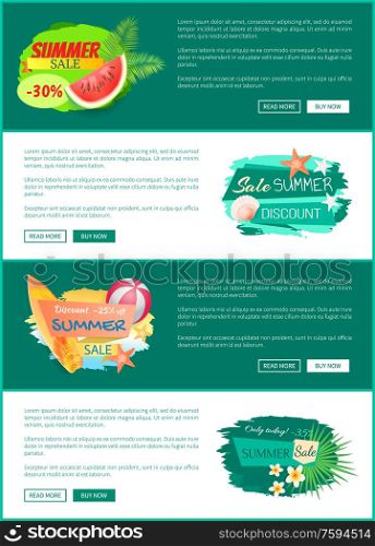 Summer sale seasonal offer. Posters with text sample and buttons. Clearance propositions, watermelon and seashells on beach, flowers blooming vector. Summer Sale Seasonal Offer Vector Illustration