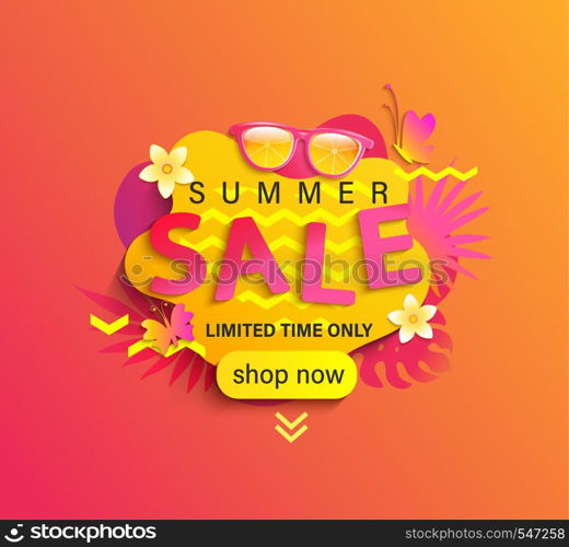 Summer Sale, shop now banner,season discount poster with tropical leaves,sunglasses.Invitation for online and ofline limited time shopping. Template for design,label,advertising badge,flyer. Vector. Summer Sale, shop now banner.