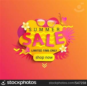 Summer Sale, shop now banner,season discount poster with tropical leaves,sunglasses.Invitation for online and ofline limited time shopping. Template for design,label,advertising badge,flyer. Vector. Summer Sale, shop now banner.