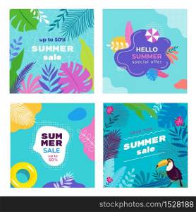 Summer Sale Social Media Banner post Templates set with tropical leaves, plumeria, monstera, sand umbrella, toucan, pool floats, pool background. template for for card, poster, flyer, web and print.. Summer Sale Social Media Banner post Templates set