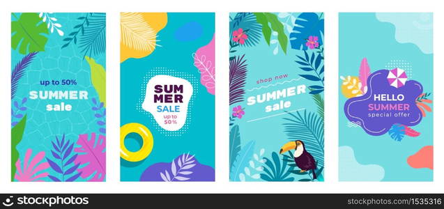 Summer Sale Social Media Stories background Banner Templates set with tropical leaves, plumeria, monstera, sand umbrella, toucan, pool floats, pool background. Template for for flyer, web and print.. Summer Sale Social Media Stories background Banners Templates set