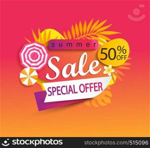 Summer Sale, special offer banner,hot season discount poster with tropical leaves,sun umbrellas.Invitation for shopping with 50 percent off. Template for design,label,advertising badge,flyer. Vector. Summer Sale, special offer banner.