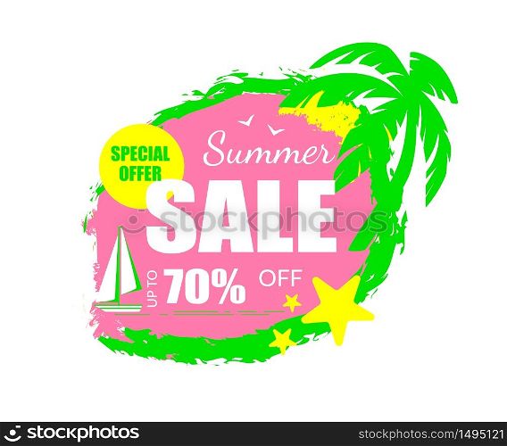 Summer Sale Special Offer Banner with Palm Tree Leaves, Sailing Ship and Starfish, Tag, Icon Grungy Style Isolated on White Background, Promo Advertising Poster, Ad, Cartoon Flat Vector Illustration. Summer Sale Special Offer Tag, Icon Grungy Style