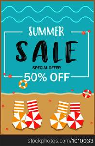 Summer Sale special offer poster on the beach style A4 Scale , Banner promotion discount clearance event festival , illustration vector