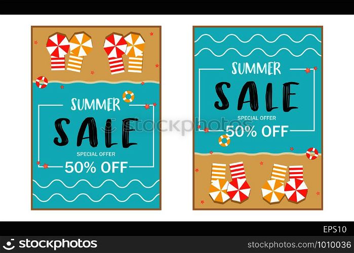 Summer Sale special offer poster on the beach style A4 Scale , Banner promotion discount clearance event festival , illustration vector isolated on white background