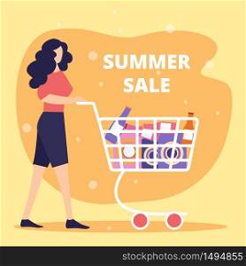 Summer Sale Square Banner with Young Woman Pushing Shopping Cart Full of Different Purchases. Customer Visiting Shop for Seasonal Discount, Retail Store Promotion. Cartoon Flat Vector Illustration. Young Woman Push Shopping Cart Full of Purchases.