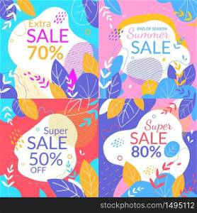 Summer Sale Square Banners Set, Abstract Floral Background in Doodle Watercolor Style with Botanical Ornament. Leaves and Grass Pattern, Promo Advertising Poster, . Cartoon Flat Vector Illustration. Summer Sale Banners Set, Doodle Watercolor Style