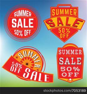 Summer sale stamps, insignias. Set of summer sale stamps, insignias. Vector illustration.