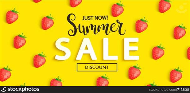 Summer Sale strawberry banner on yellow background, hot end or mid season 50 percent discount poster.Invitation for shopping, special offer card, template design for promotions. Vector illustration.. Summer Sale strawberry banner on yellow background