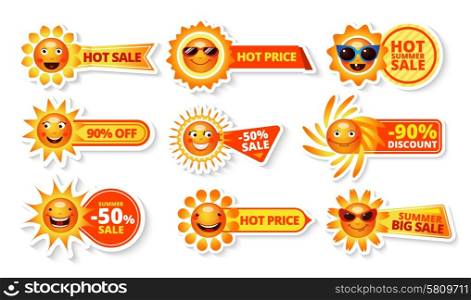 Summer Sale Tags. Summer sale tags with smiley sun and hot price with big discount labels isolated vector illustration